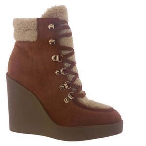 Jessica Simpson Bootie Size 8 Caramel Leather Faux Shearling Wedge Heel NWOT